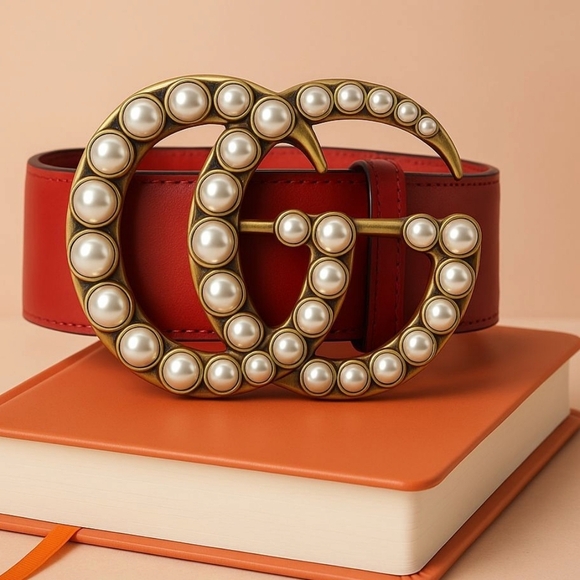 GUCCI GG Marmont Leather Belt – Red with Pearl Embellished Gold Buckle 38 - - Picture 1 of 10